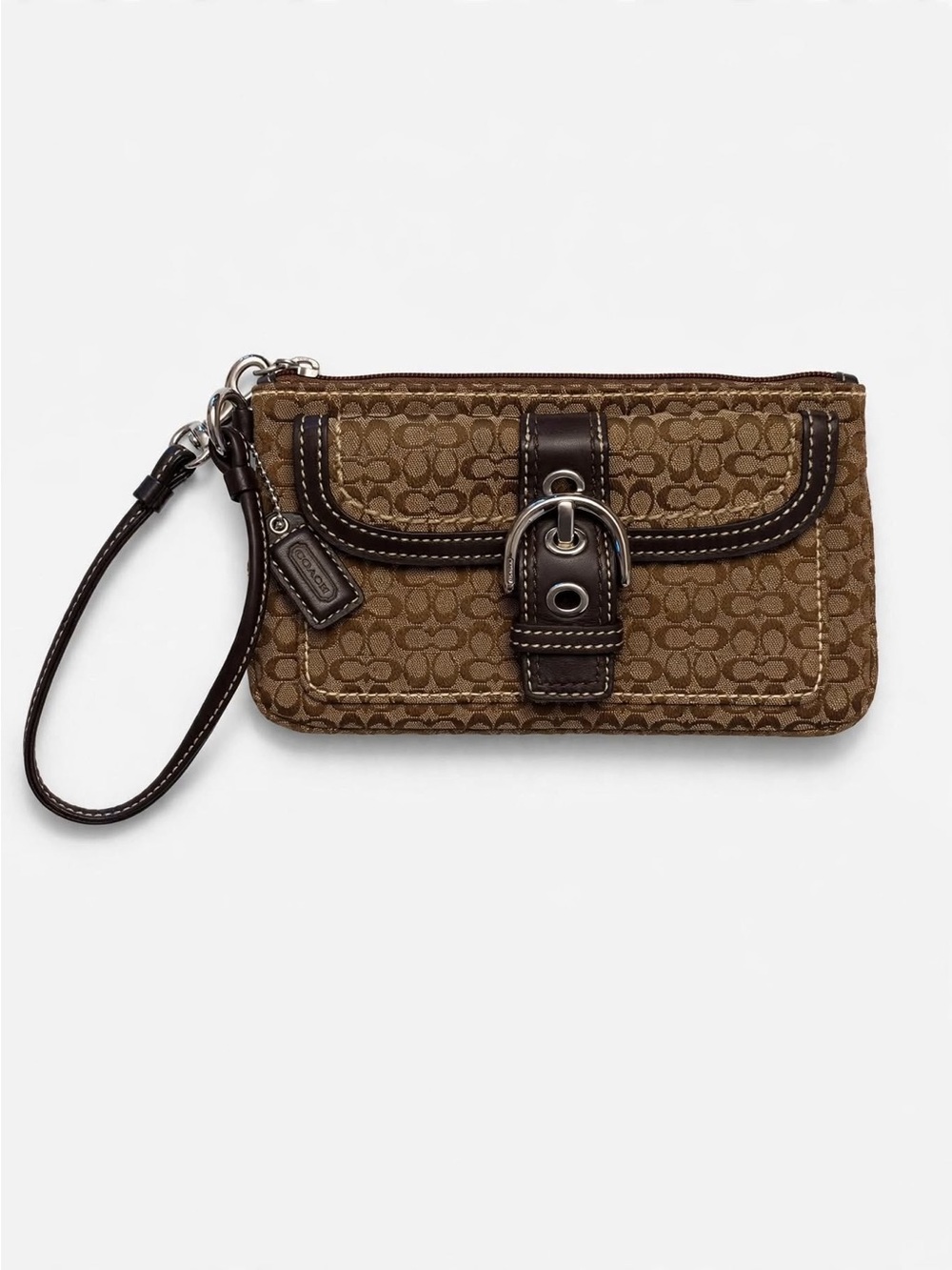 Coach Vintage Y2K Signature Buckle Wristlet Khaki Brown Leather 7.5x4.5